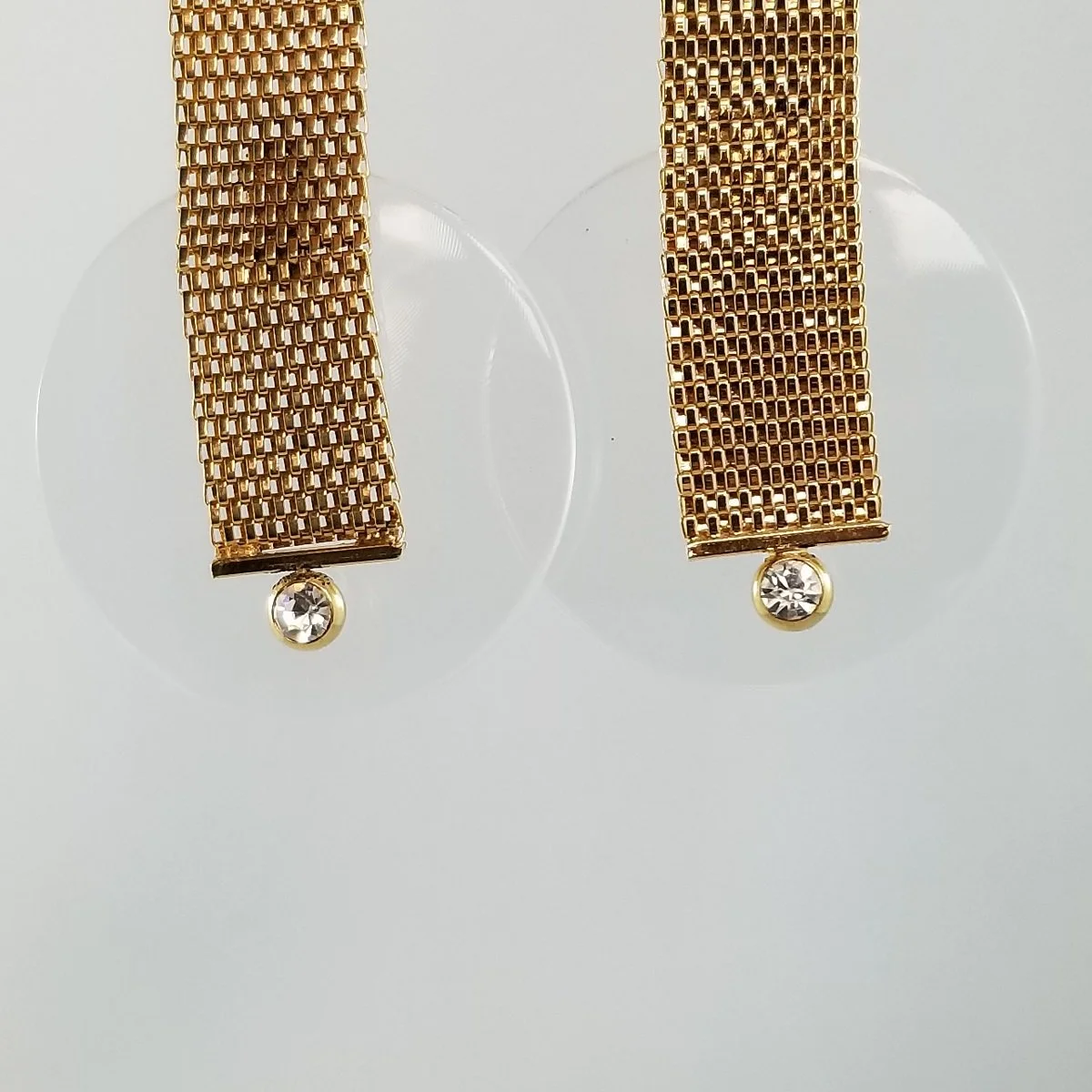 Postmodern Glam Woven Gold Flat Mesh Chainmaille Clear Lucite Disc Crystal Rhinestone Statement Clip-on Earrings -3.jpg (Copy)