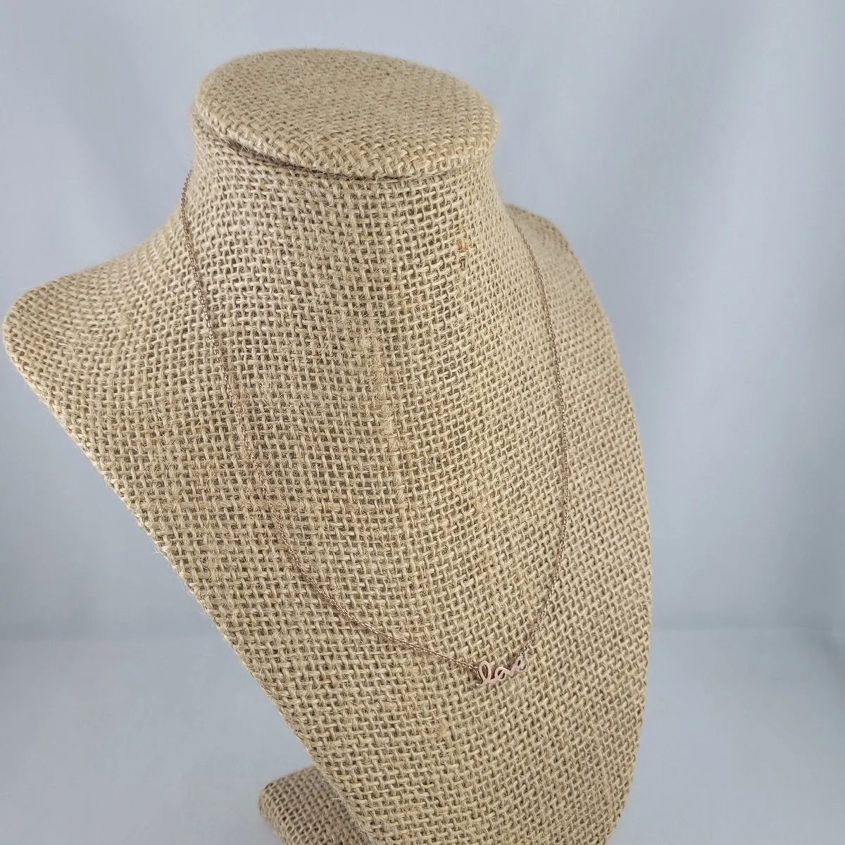 1970's Gold-tone LOVE in Script Fixed Pendant Dainty Cable Chain 17.5 Inch Choker Necklace Pose
