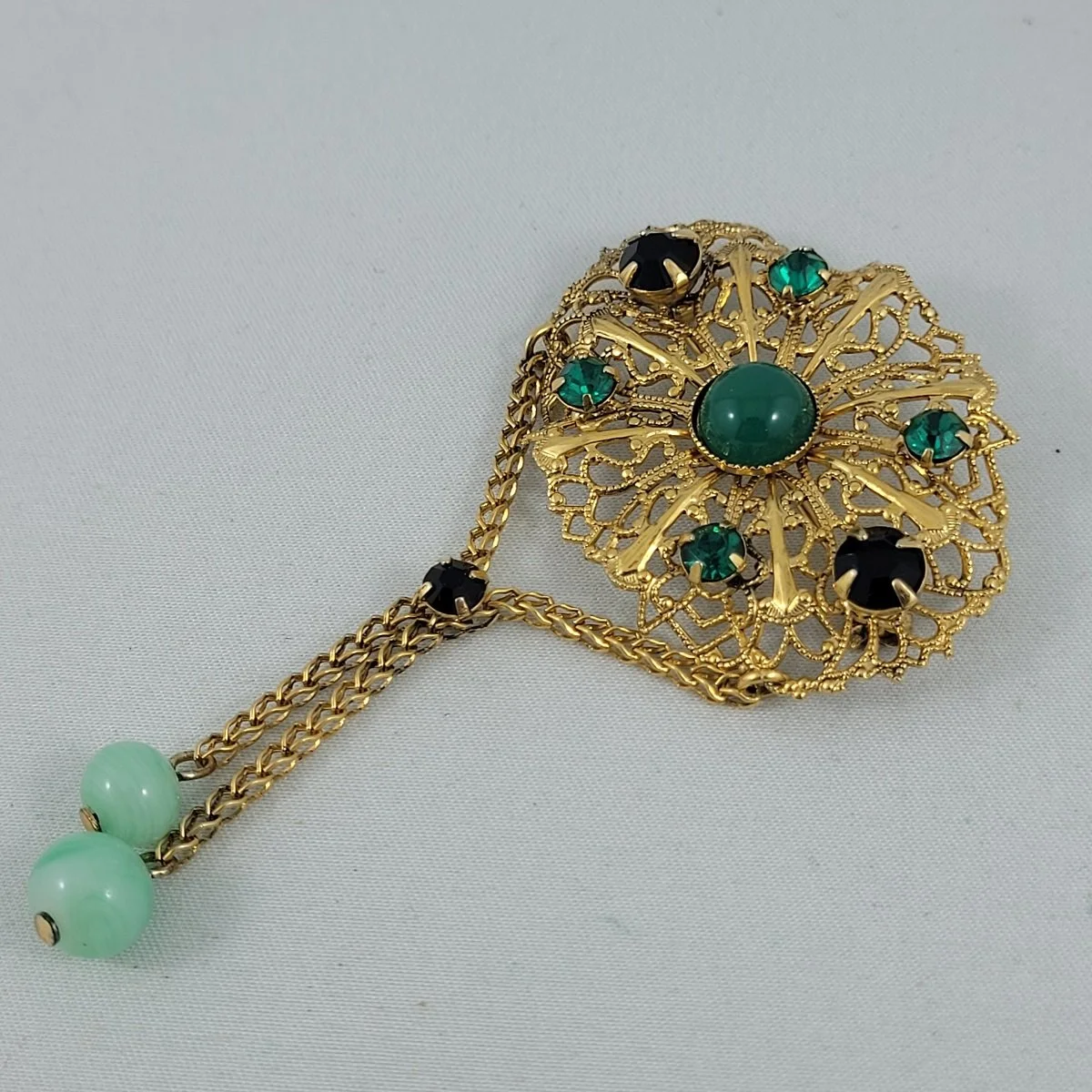 Czech Revival 1940s Filigree Chatelaine Brooch Apple Green Chrysoprase Glass Jet Rhinestone Swag Dangle -2.jpg