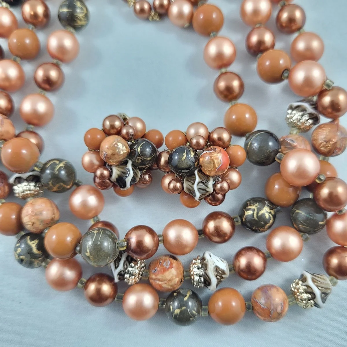 Japan 1950's Triple Strand Metallic Coppertone Plastic Glass Beaded Choker Princess Necklace Wire Wrapped Bead Cluster Clip Earrings Set -3.jpg