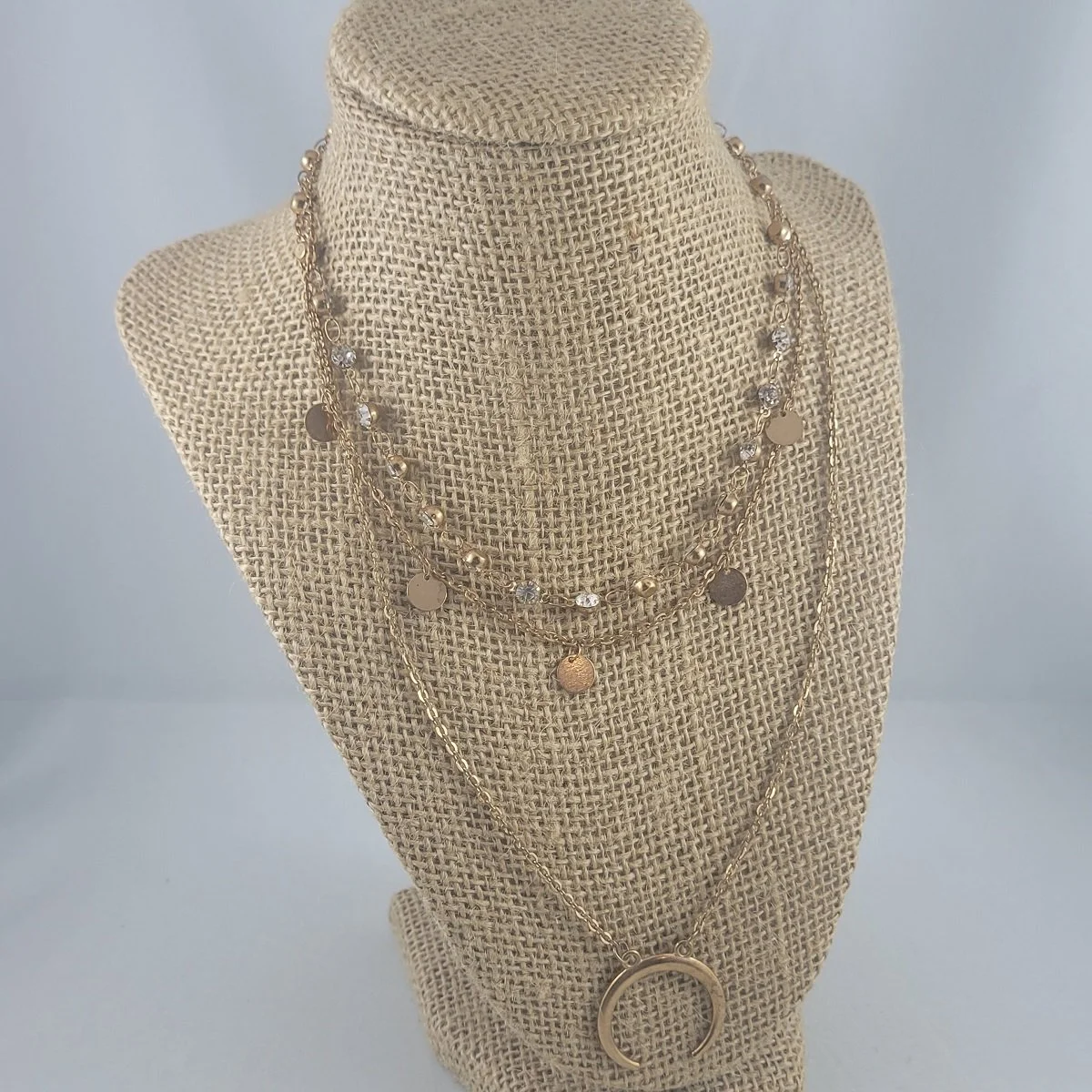 Triple Strand Gold Rolo Chain Prong Set Clear Chaton Crystal Rhinestone Medallion Fringe Crescent Moon Fixed Pendant Princess Necklace.jpg