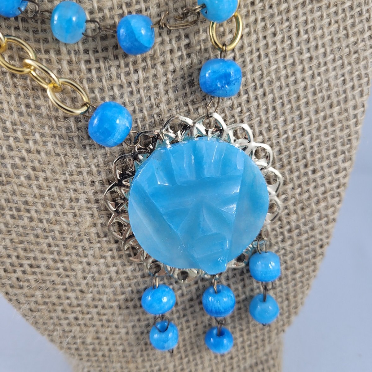 Boho 1970's Mexican Mayan Aztec Tribal Carved Warrior Mask Blue Agate Stone Gold Filigree Pendant Tubular Round Bead Wire Necklace Close Up