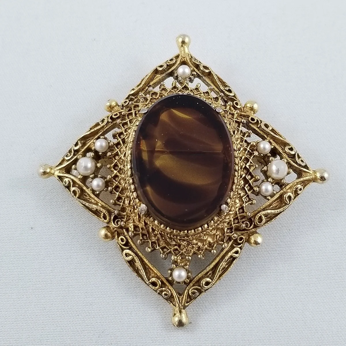 Florenza Victorian Gothic Gold-tone Filigree Tortoise Glass Seed Pearl Pin Brooch.jpg
