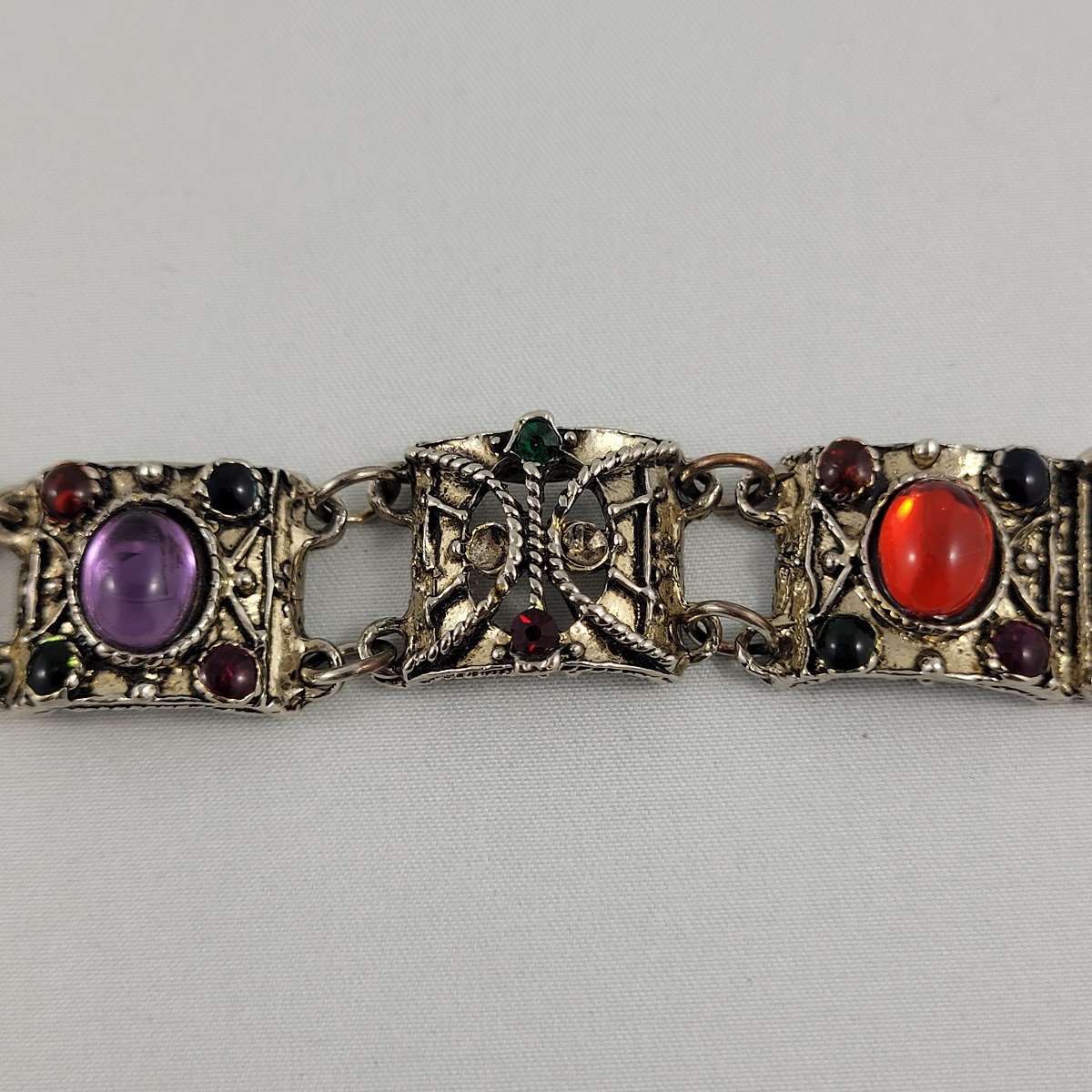 LJM Laurentian Jewellery Manufacturing Faux Gripoix Byzantine Etruscan Style Antiqued Silver Copper Panel Bracelet Closeup3