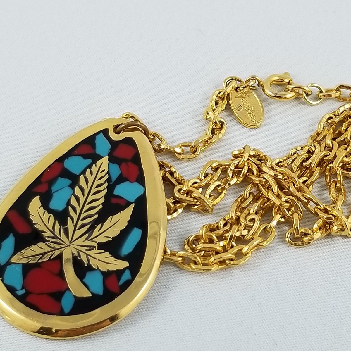 Vendome Carnelian Lapis Stone Mosaic Inlay Hemp Leaf Gold-tone Pendant Necklace -4.jpg
