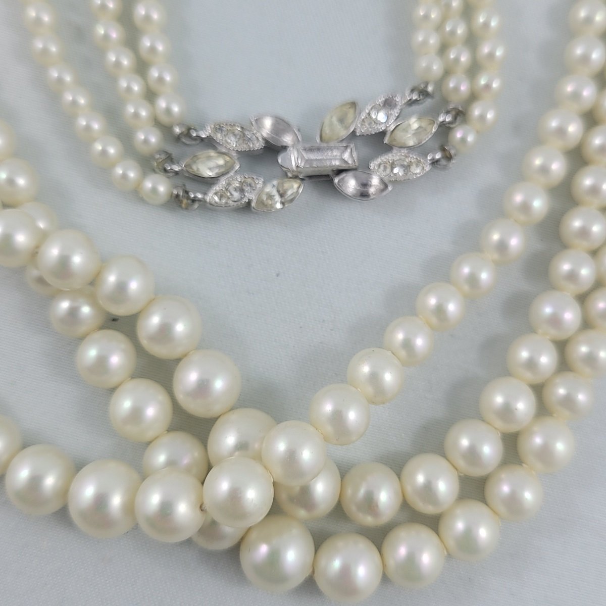 1950's - 1960's Triple Silk Strand Graduating Iridescent Faux Pearl Weighty Bead Rhinestone 16 Inch Choker Necklace Close Up