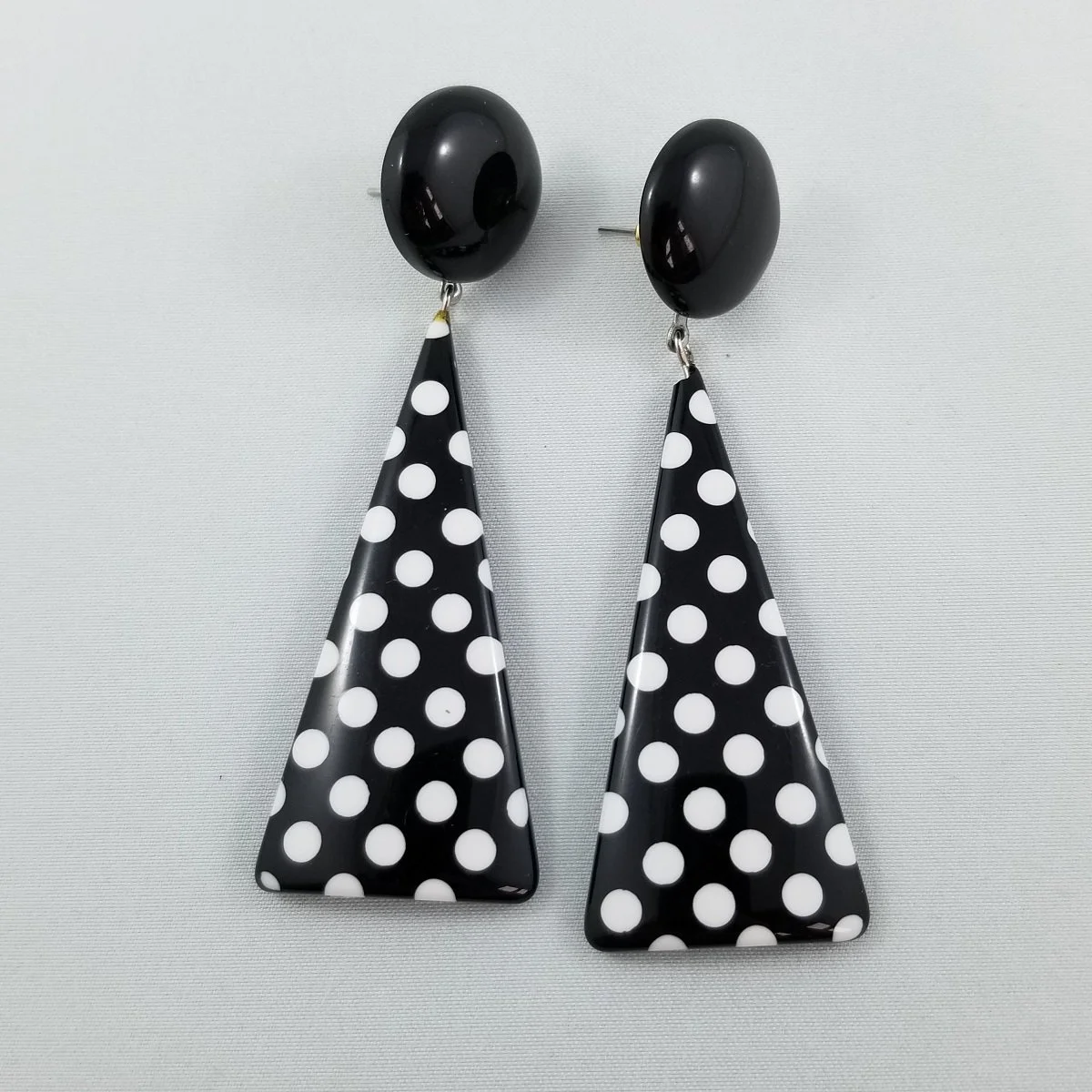 François Schoenlaub Guillemette L'Hoir Paris Bauhaus Polka Pois Black White Rhodoid Triangle Drop Pierced Earrings.jpg