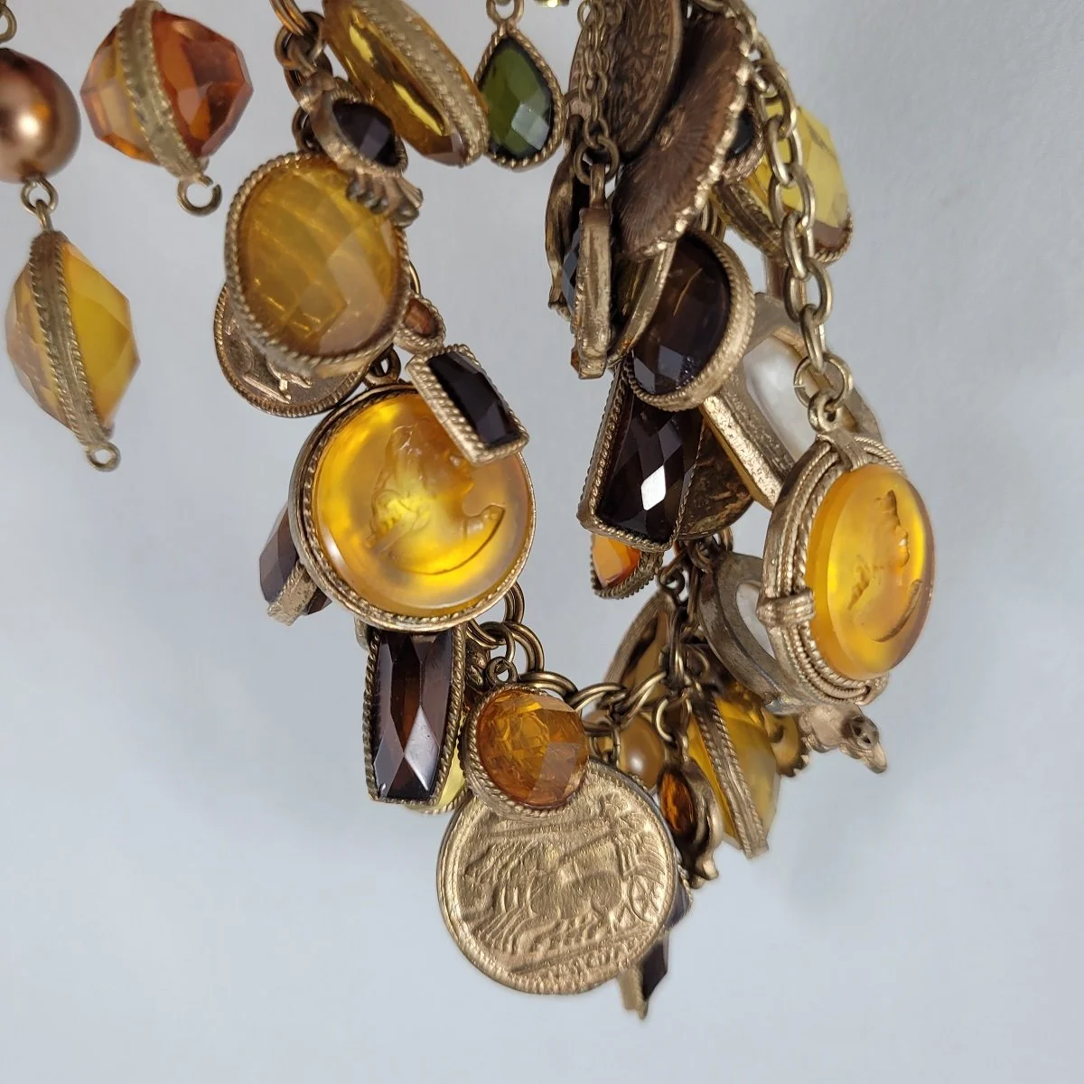 Etruscan Revival Gold-tone Amber Topaz Faceted Cabochon Resin Intaglio Coin Dangle Multi Charm Ankle Cha-Cha Bracelet Anklet -2.jpg