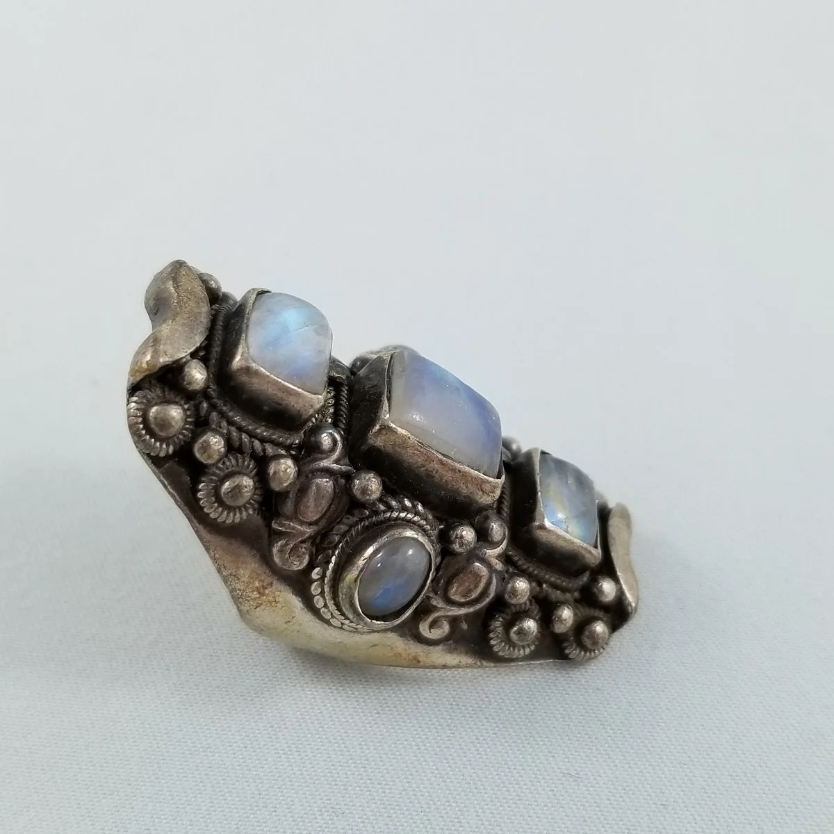 Rainbow Moonstone Sterling Silver Antiqued Shield Full Finger Saddle Ring Size 5.5 -1.jpg