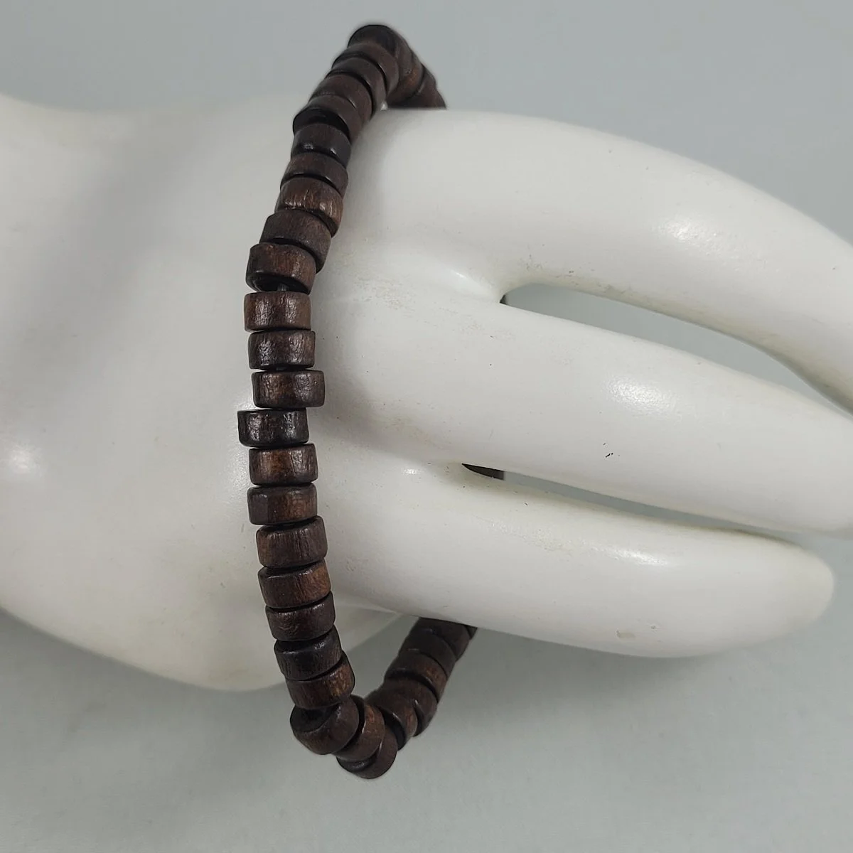 Natural Wood Chocolate Brown 6.7mm Flat Round Cut Bead Stretch Elasticized Beaded Bracelet