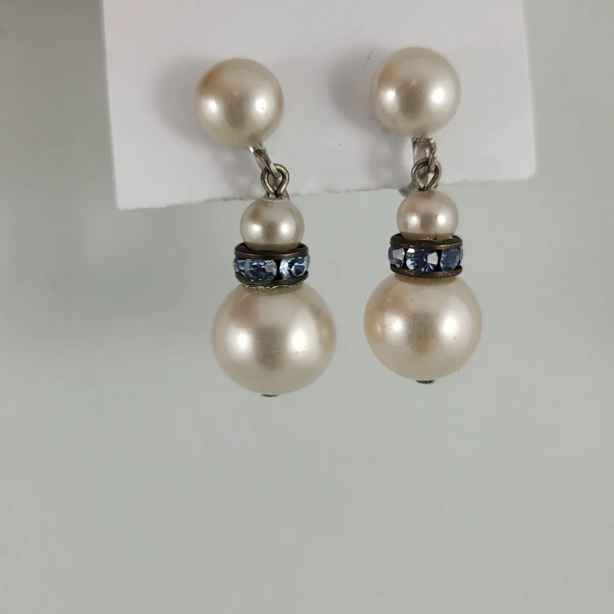 1940's - 1950's Graduated Triple Simulated Pearl Drop Blue Crystal Encrusted Rhinestone Rondelle Spacer Bead Silver Screw-back Earrings -2.jpg (Copy)