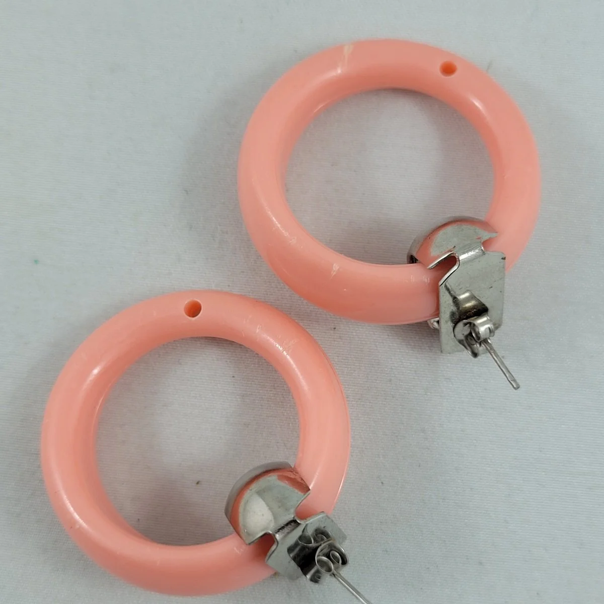1950's - 1960's Articulated Cotton Candy Pink Early Molded Plastic 1.375 inch Round Hoop Door Knocker Pierced 1.75 Inch Drop Earrings -2.jpg