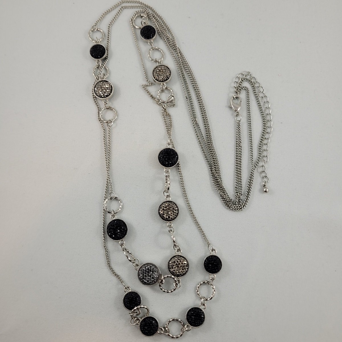 Double Strand Silvertone Chain Silver Marcasite Black Simulated Druzy Cabochon Bead and Hoops 37 Inch Rope Necklace.jpg