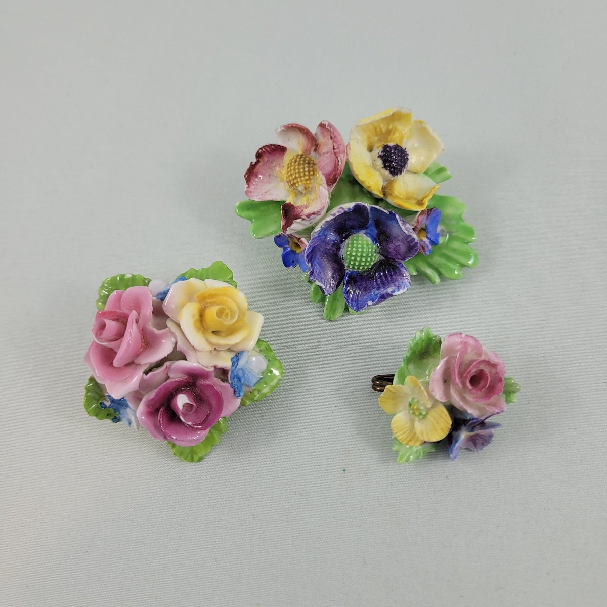 Bone China 1950's Glazed Porcelain Flower Bouquet Brooches Made in England SET Front View