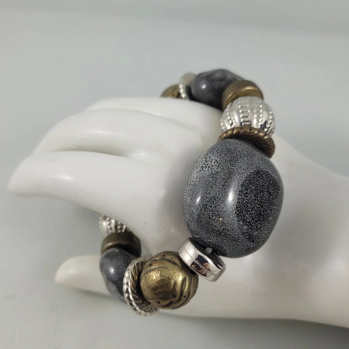 Boho Designer Quality Glazed Clay Pottery Textured Brass Silver Oversized Ceramic Bead Stretch Elasticized Bracelet.jpg