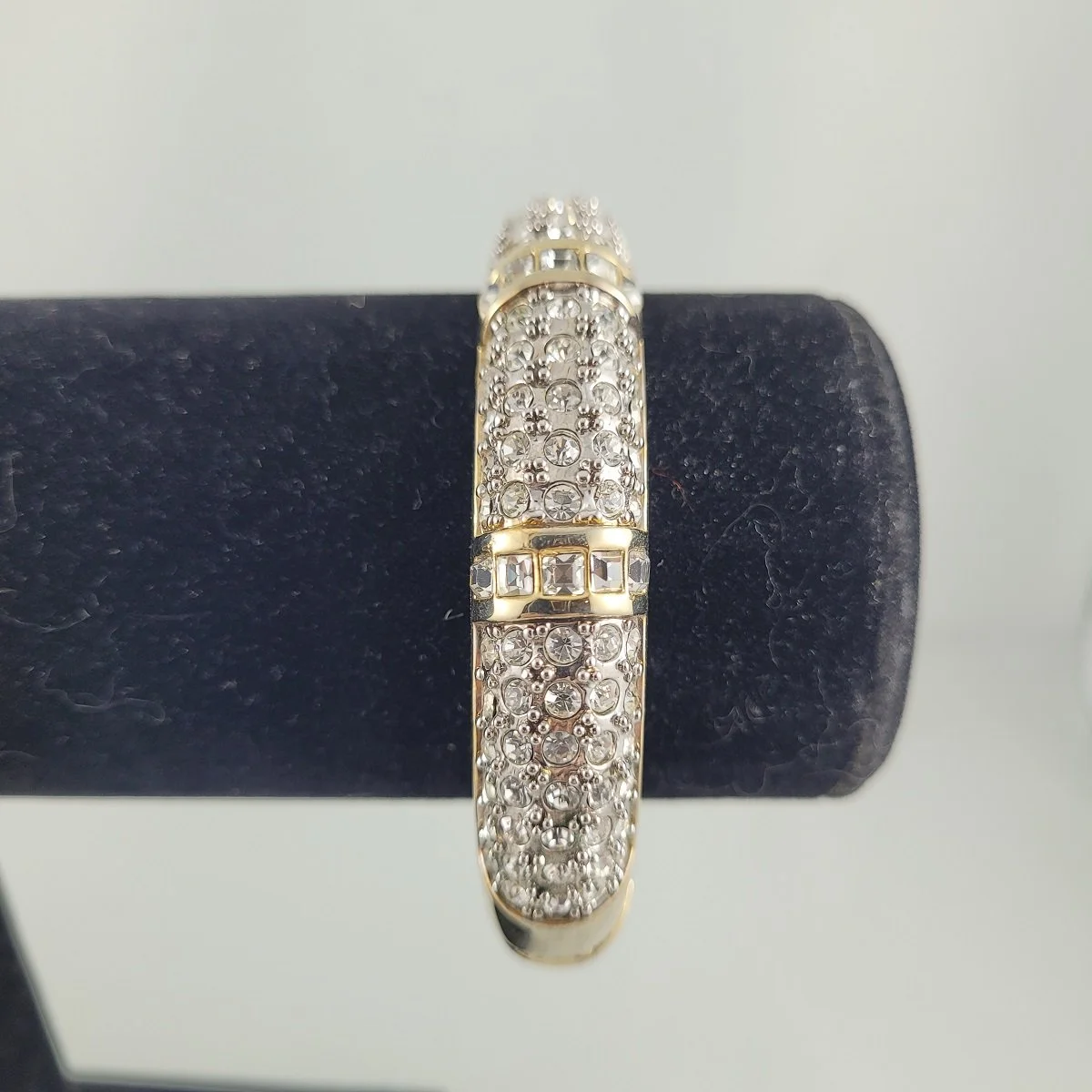 Deco 80's Hefty Polished Gold Paved Diamante Clear Crystal Rhinestone Hinged Tube Bangle Bracelet -4.jpg