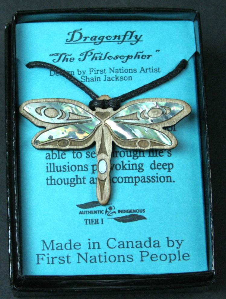 First Nations Cherry Wood Dragonfly Pendant with Abalone Philosopher by Shain Jackson Adjustable Leather Cord Necklace Boxset