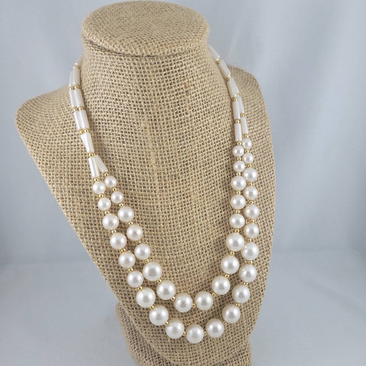 Hong Kong 1950's Double Strand Faux Pearl Tube Round Gold Bead Princess Necklace Front View