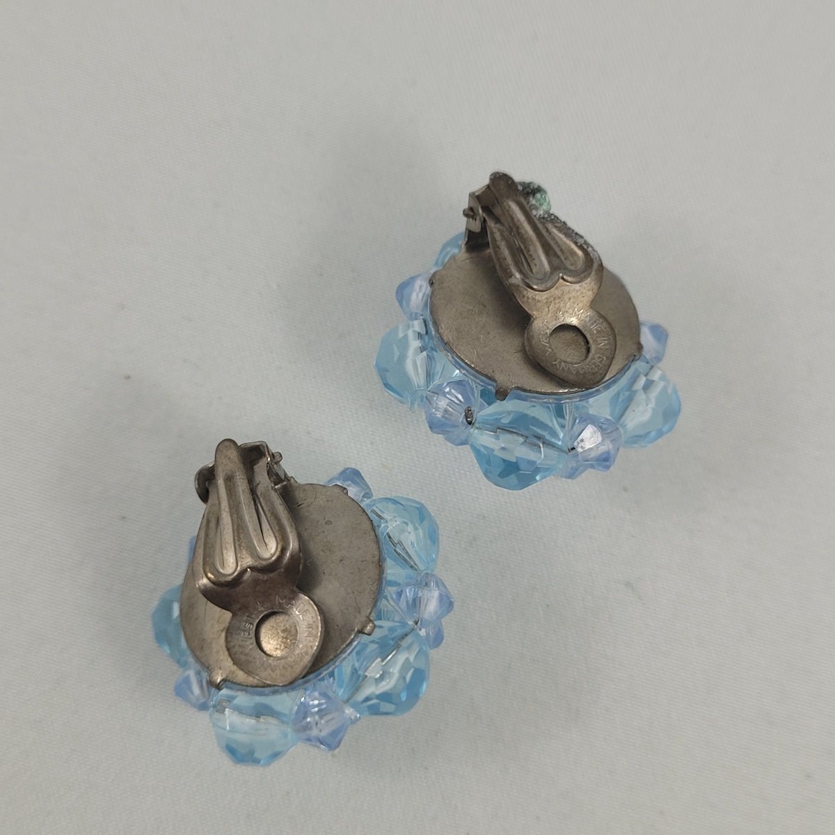 West Germany 1950's Soft Blue Translucent Plastic Bead Cluster Wired 1 Inch Aluminum Clip-on Earrings Marking Backside