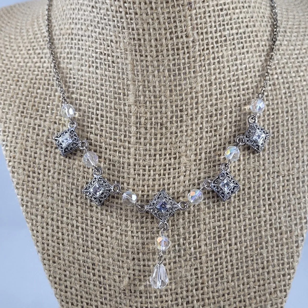 Edwardian Style Iridized Clear Crystal Rhinestone Faceted Teardrop Bead Silver Plated Filigree Square Panel Link Adjustable Princess Lavalier Necklace -4.jpg