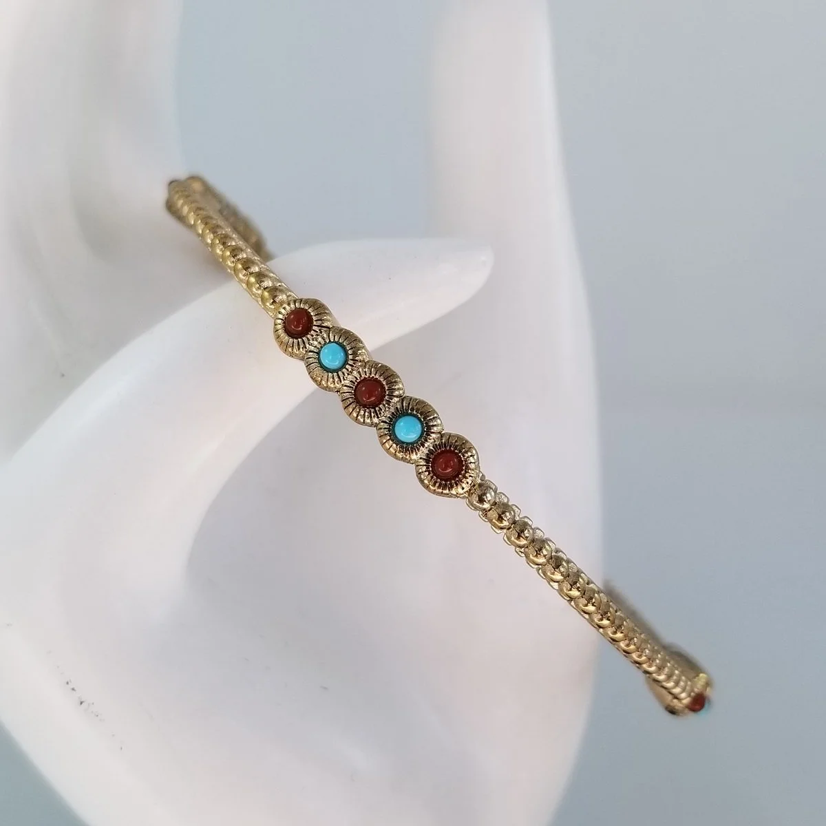 RJ Graziano CN Turquoise Coral Seed Bead Cabochon Ribbed Studded Gold-tone Stackable Bangle Bracelet -1.jpg
