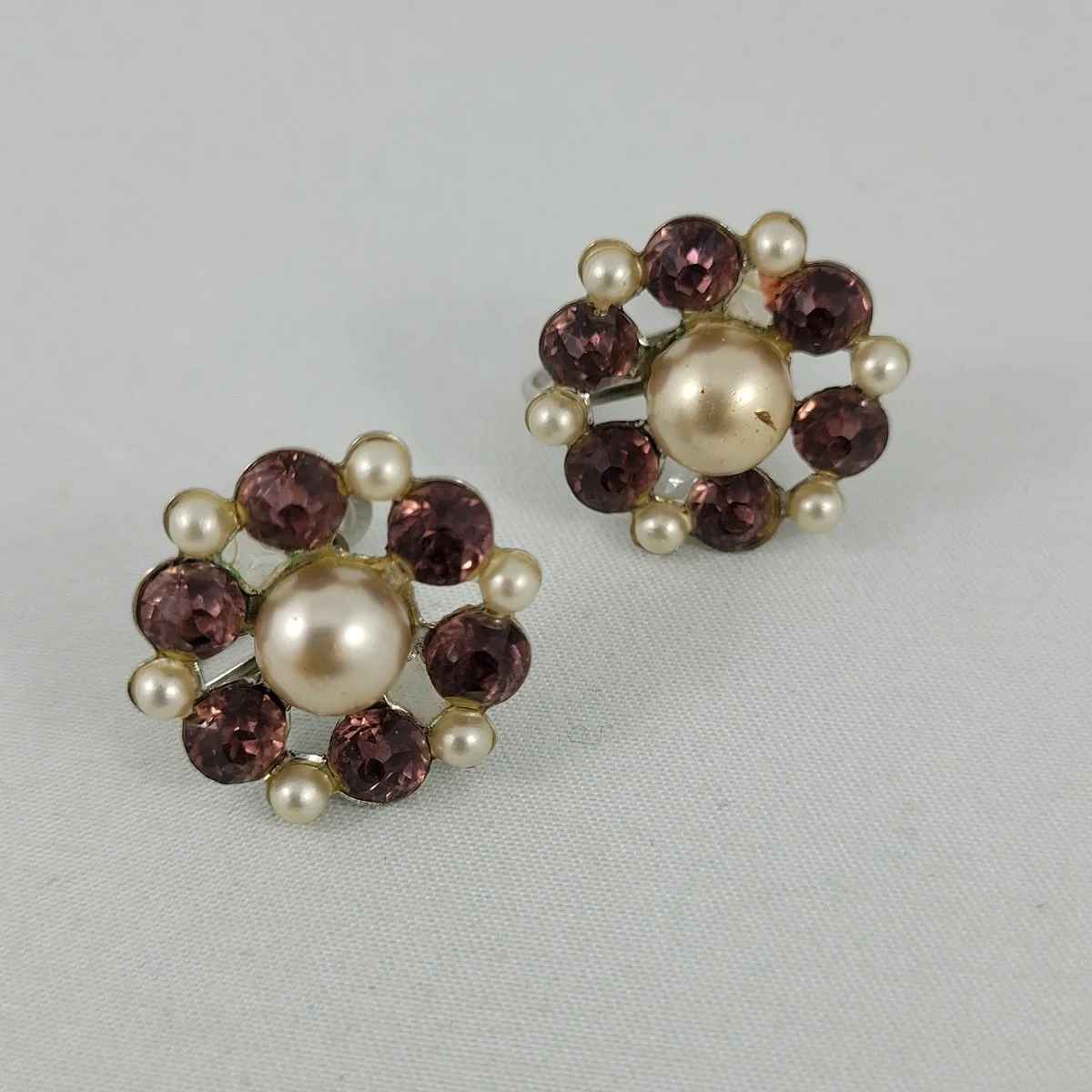 1940's - 1950's Triad Faux Pearl Bead Faceted Amethyst Rhinestone Silver-tone .875 Inch Screw-back Earrings