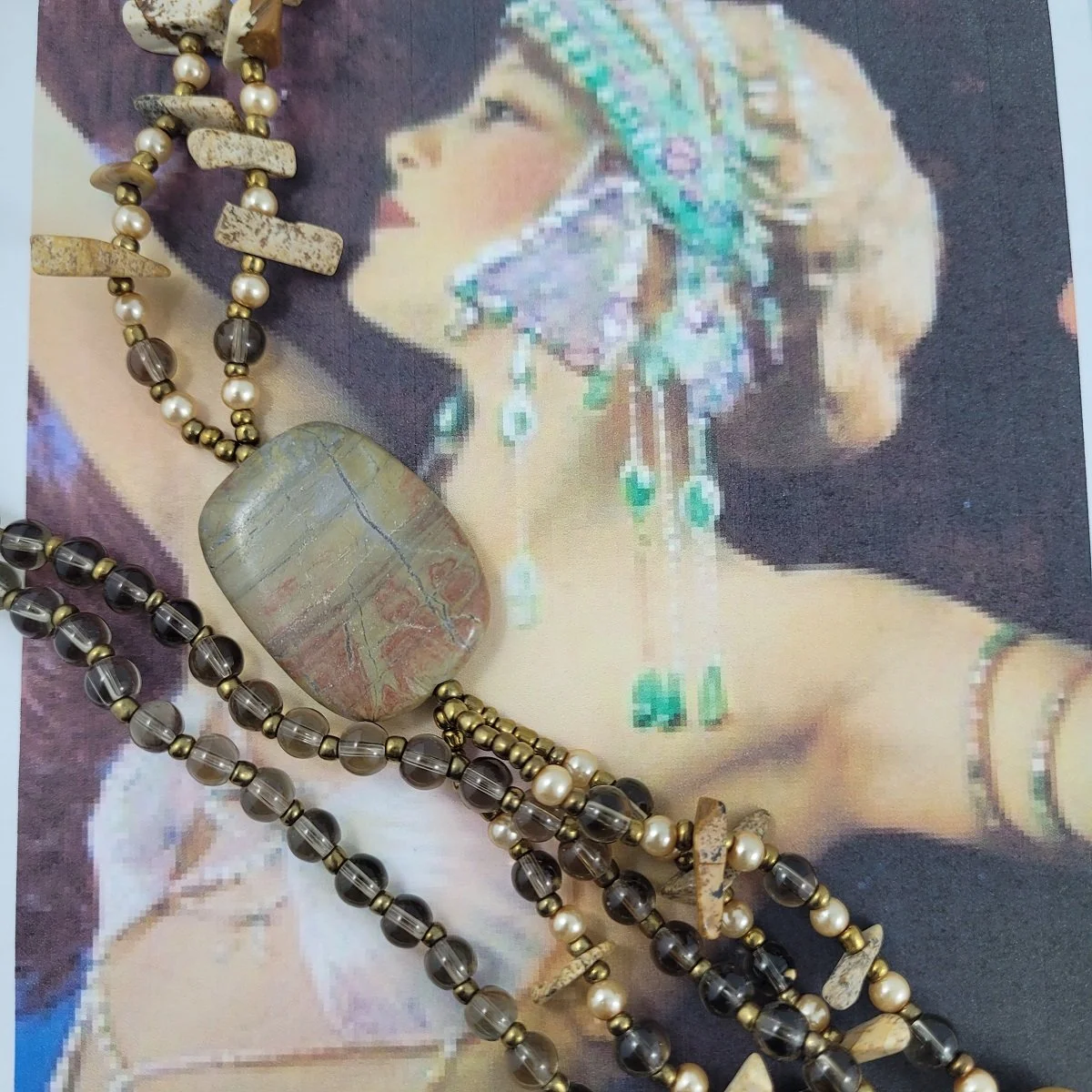 Southwestern Boho Genuine Smoky Quartz Picture Zebra Jasper Faux Peach Pearl Tassel Opera Necklace -2.jpg