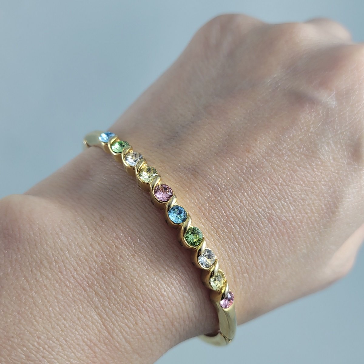 1960's Inset Multi-Colour Pastel Crystal Rhinestone Gold Plated Triple Panel Invisible Double Hinge Bangle Bracelet -7.jpg (Copy)