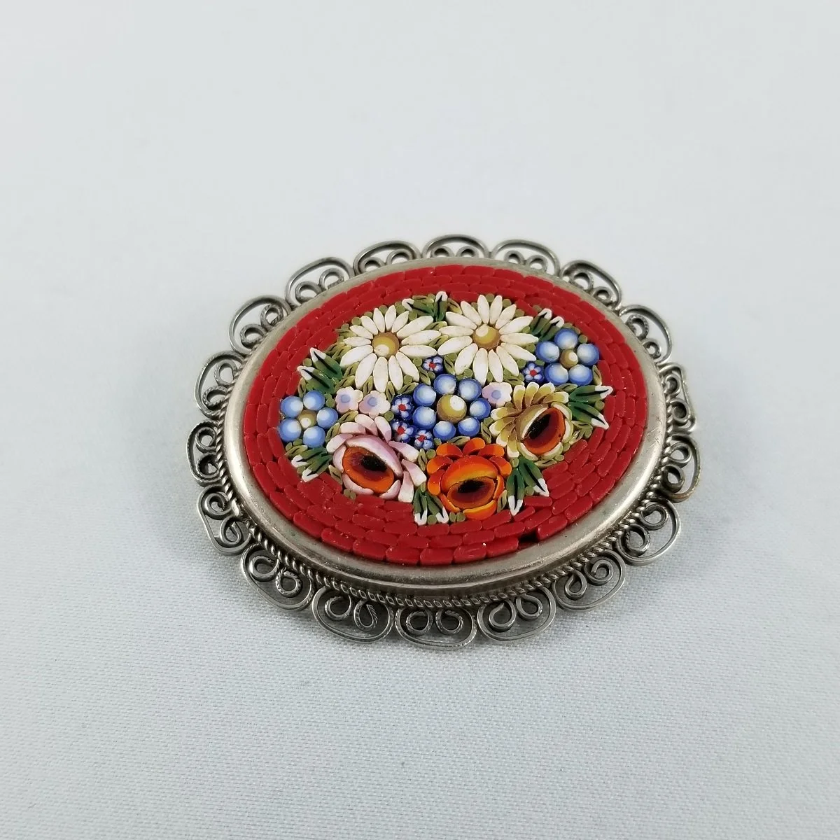 Italian Micromosaic Floral Millefiori Glass Filigree Silver Grand Tour Brooch