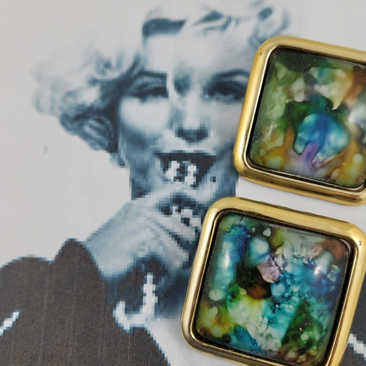 1980's - 1990's Statement Watercolour Tie-Dye Lucite Gold-tone 1.625 Inch Square Border Domed Clip-on Earrings -1.jpg