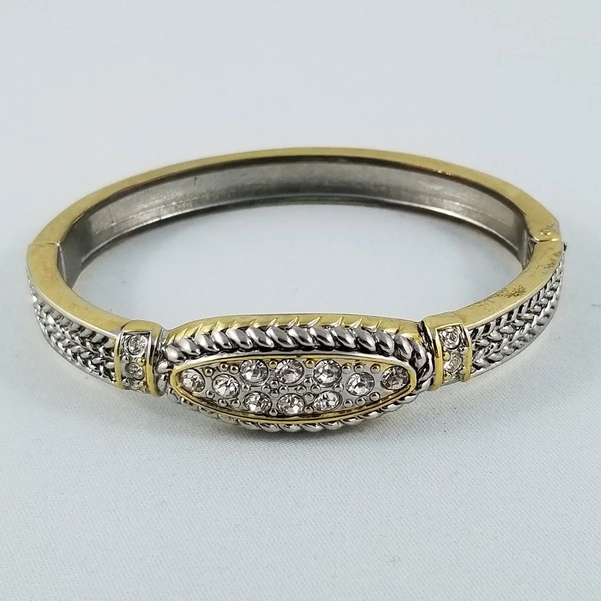 Art Deco Revival Braided Two-Tone Rhinestone Clamper Bangle Bracelet.jpg