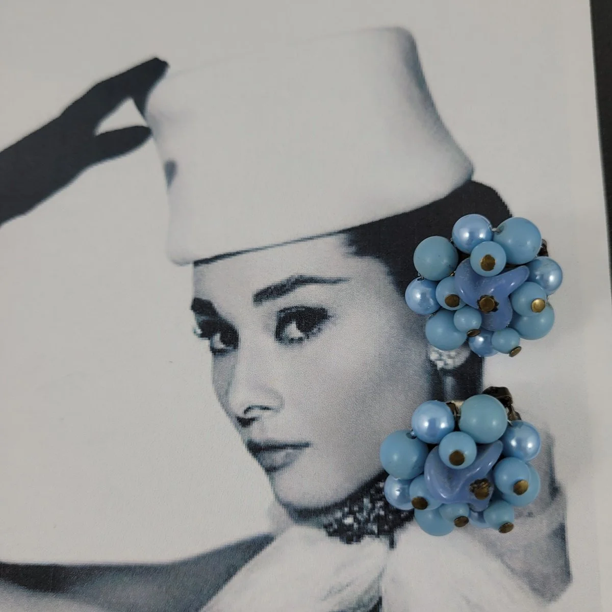 1950's Powder Blue Wire Wrapped Glass Pinwheel Matte Lustre Plastic Round Bead Cluster 1 Inch Silver Clip-on Earrings -3.jpg