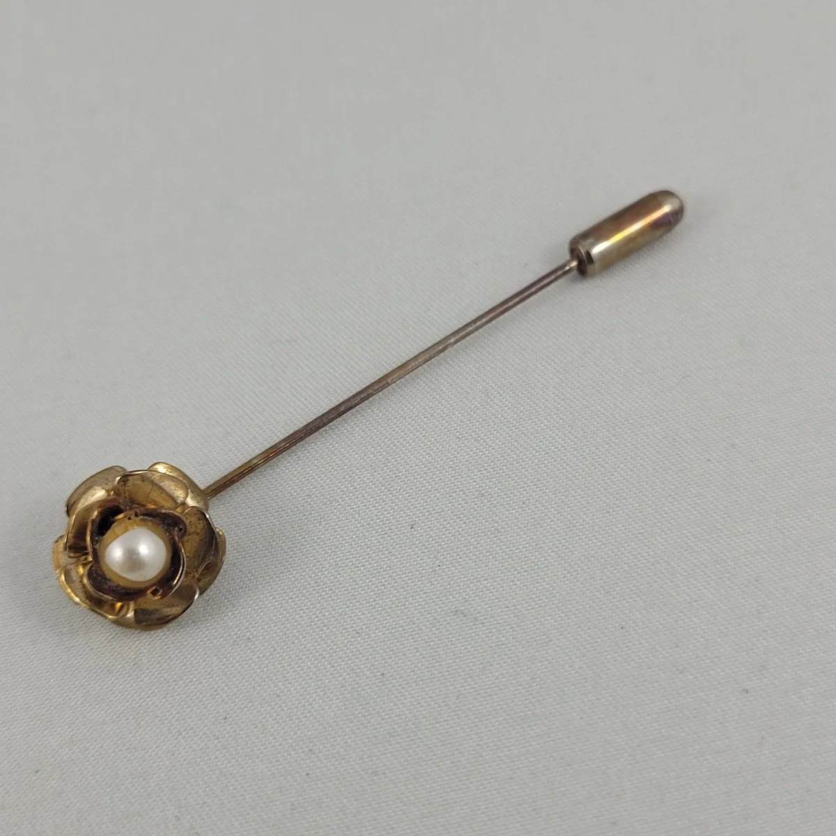 1960's Gold Flower Faux Pearl 2.5 Inch Stick Pin -1.jpg
