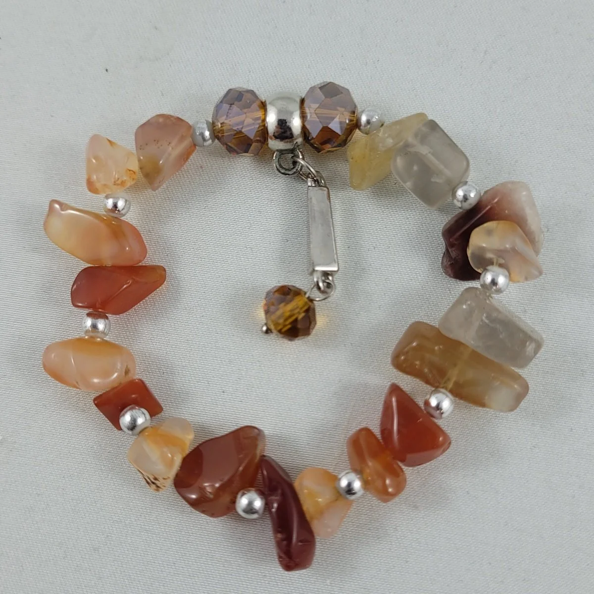 Carnelian Agate Mixed Natural Polished Gemstone Stone Chip Nugget Topaz Glass Faceted Bead Silver-tone Charm Drop Elasticized Stretch Bracelet.jpg
