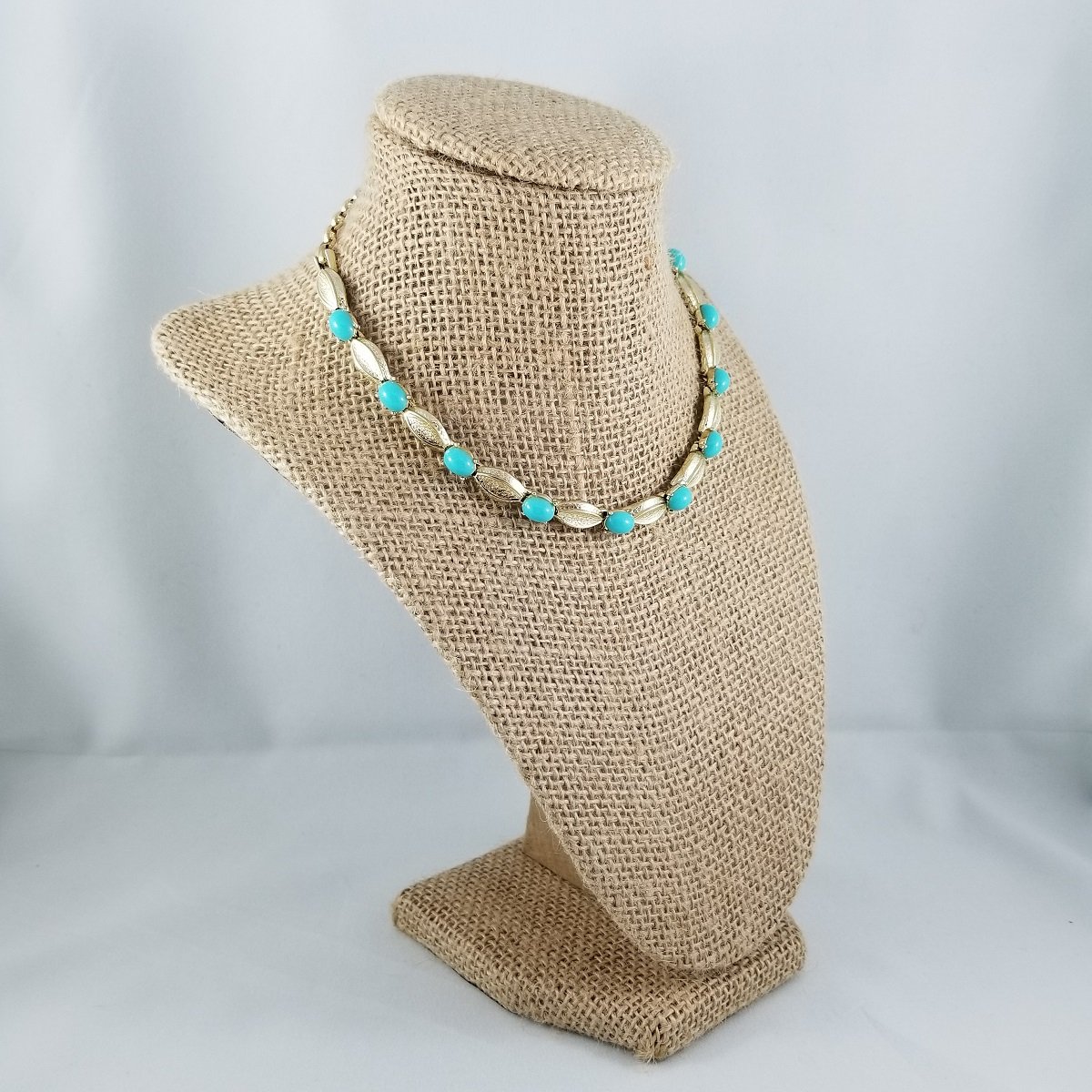 Coro Pegasus Faux Turquoise Foliate Gold-Tone Bark-Leaf Choker Necklace -4.jpg