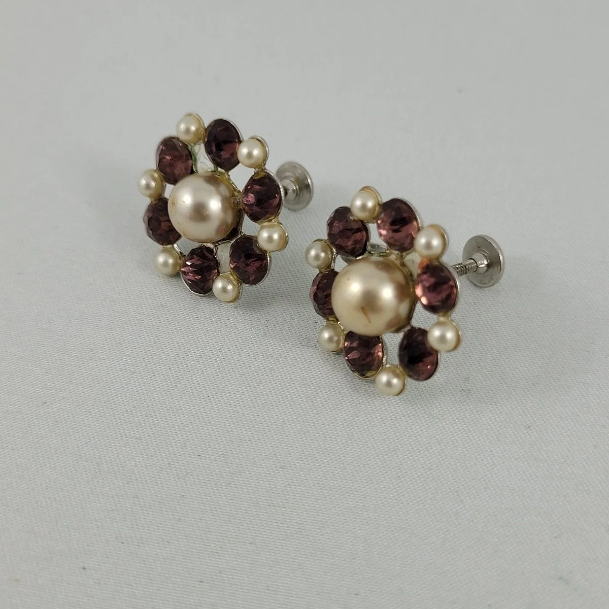 1940's - 1950's Triad Faux Pearl Bead Faceted Amethyst Rhinestone Silver-tone .875 Inch Screw-back Earrings Side View