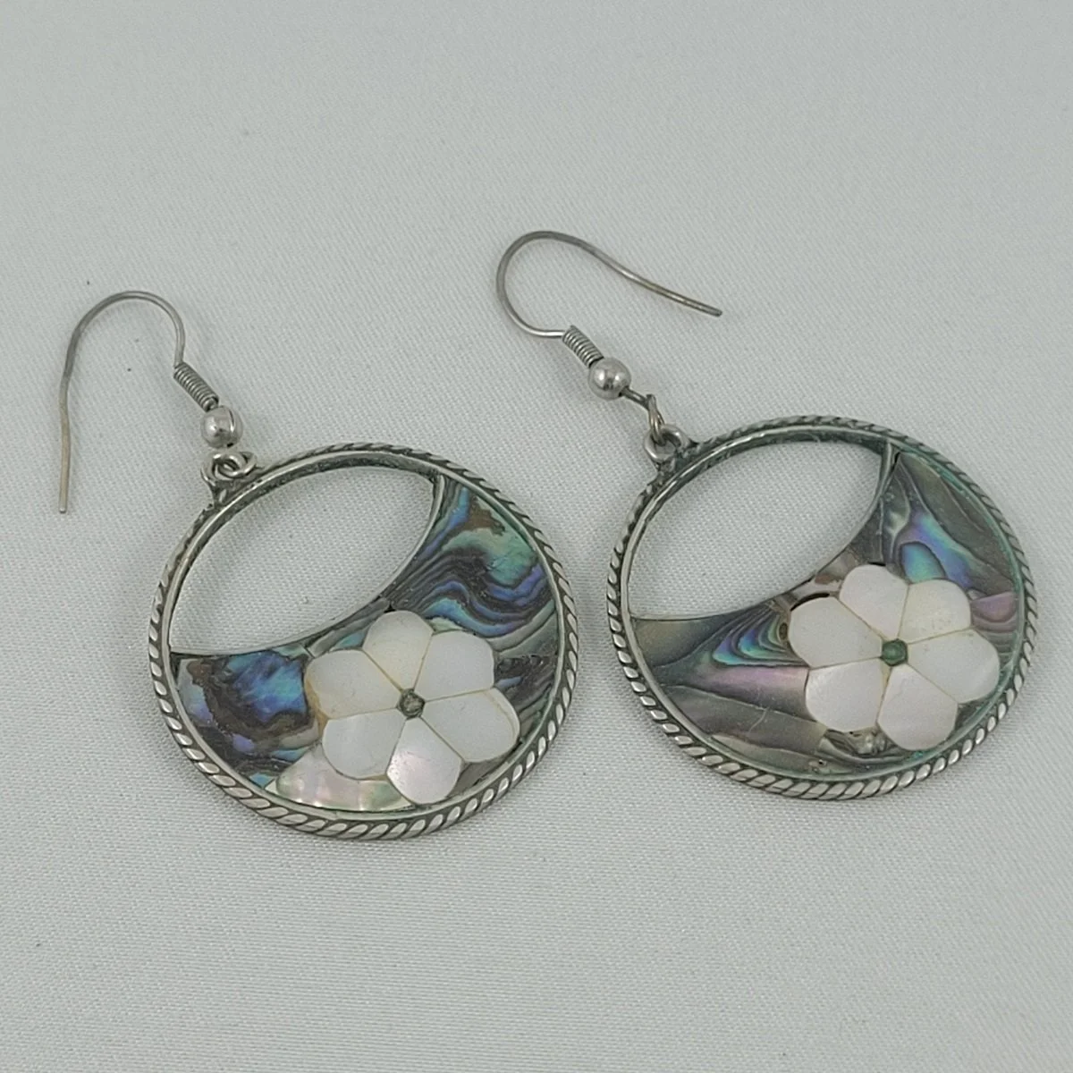 Alpaca Mexico Mexican German Silver Abalone Mother of Pearl Flower Inlay Open Round 2.25 Inch Drop Pierced Earrings