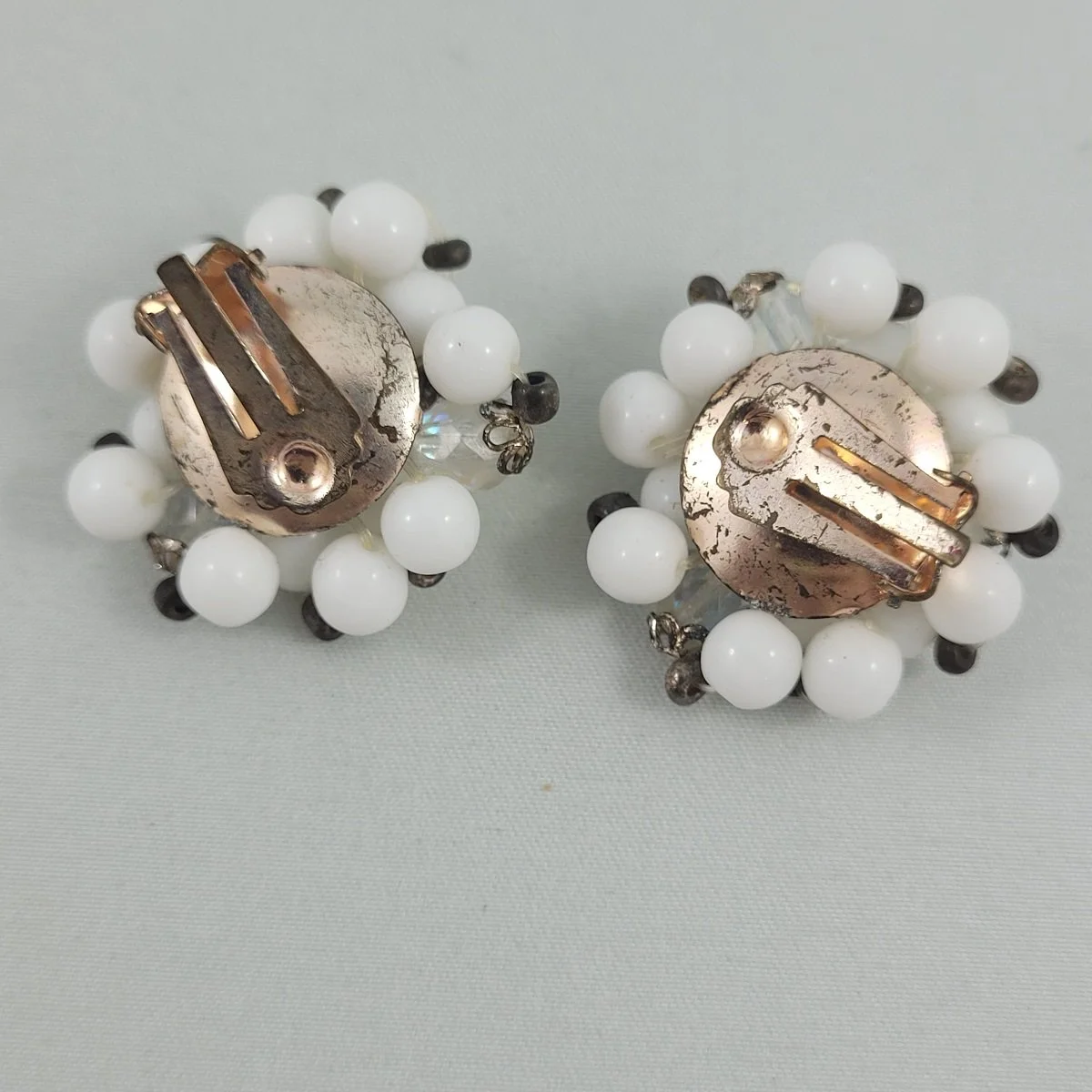 1955 - 1960's Round Milk Glass Faceted Aurora Borealis Crystal Bead Cluster Copper Clip-on 1.25 Inch Earrings Backside