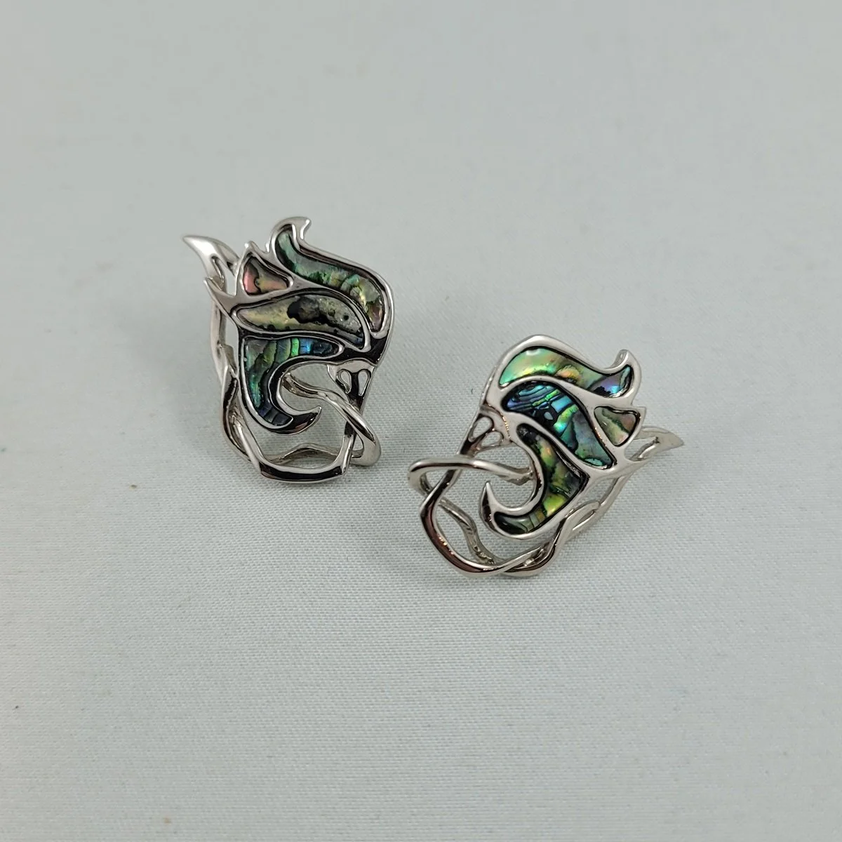 Duri 1980’s Art Nouveau Revival Abalone Shell Inlay Organic Shield Silver-Tone Pierced Earrings