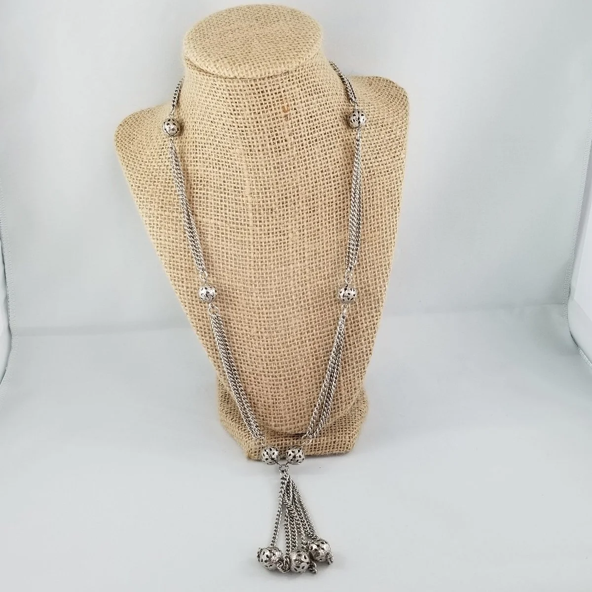 Deco Silver-tone Triple Strand Curb Chain Open-Work Filigree Triple Fixed Hollow Bead Drop 23.5 Inch Lavalier Necklace -3.jpg