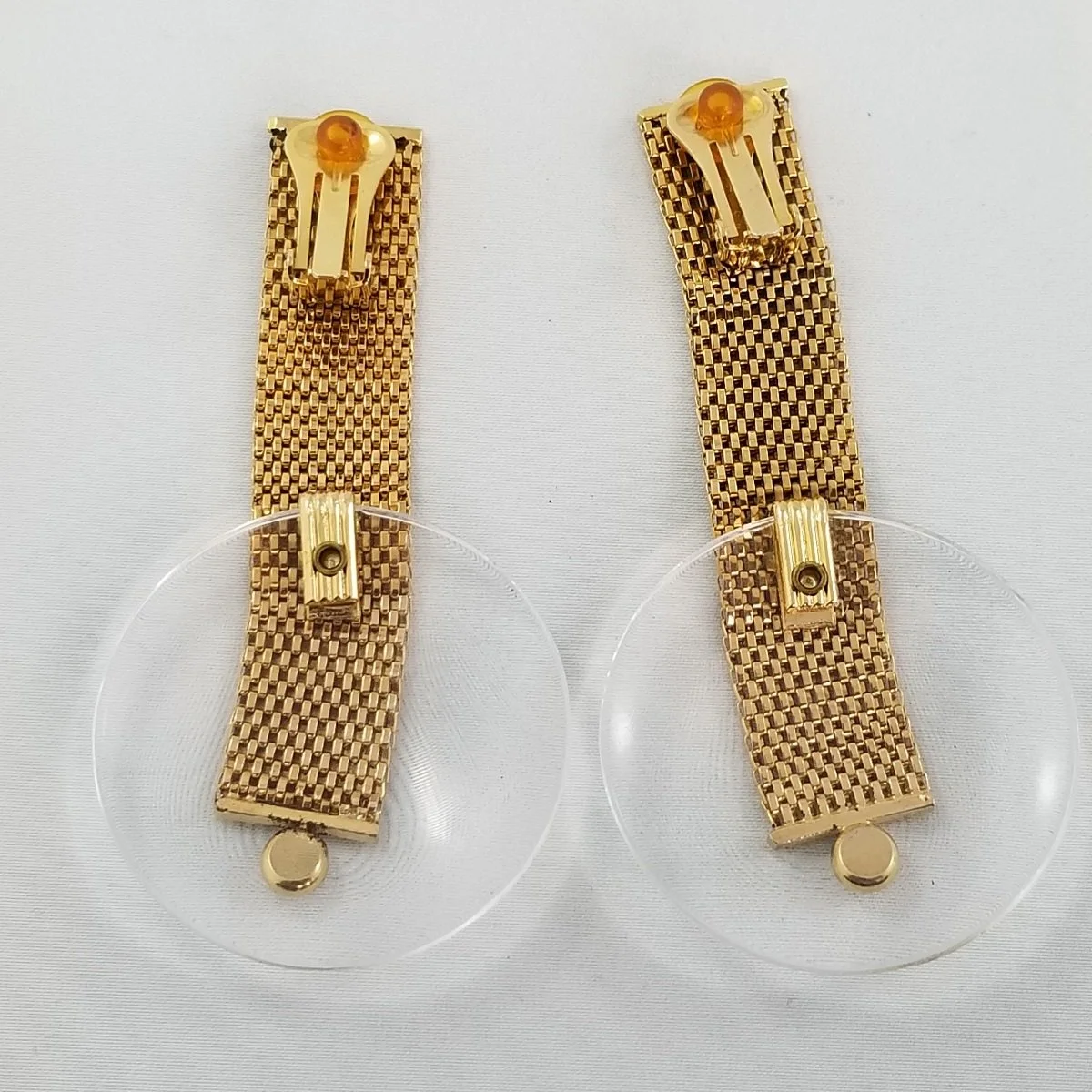 Postmodern Glam Woven Gold Flat Mesh Chainmaille Clear Lucite Disc Crystal Rhinestone Statement Clip-on Earrings -10.jpg (Copy)