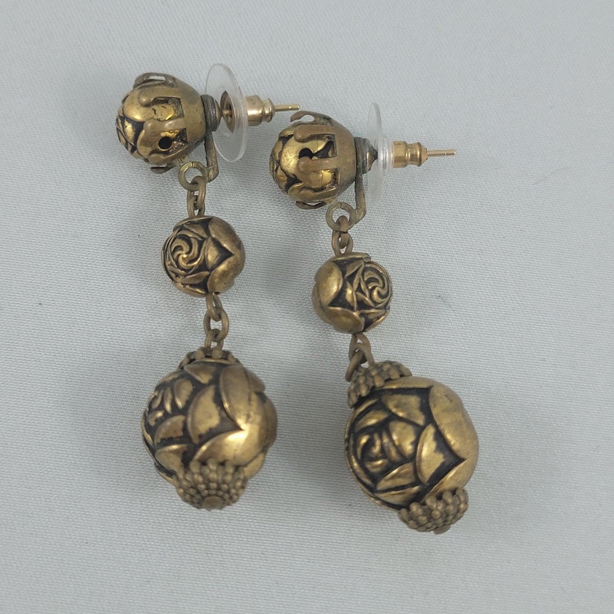 Art Nouveau Antiqued Brass Triple Carved Rose 2 Inch Drop Dangle Pierced Earrings Side View