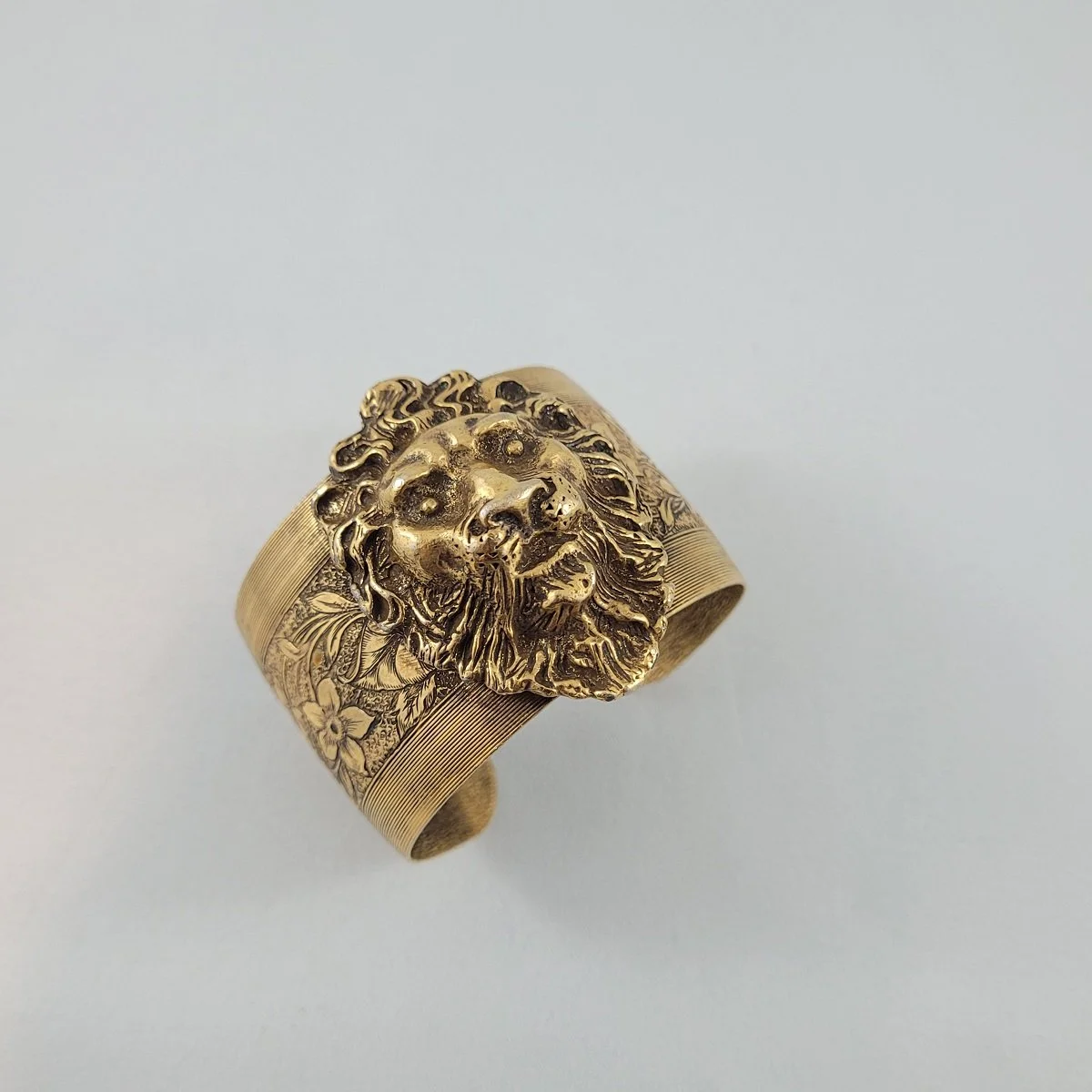 Regal Lion Head Florentine Gilded Floral Wide Statement Cuff Bracelet
