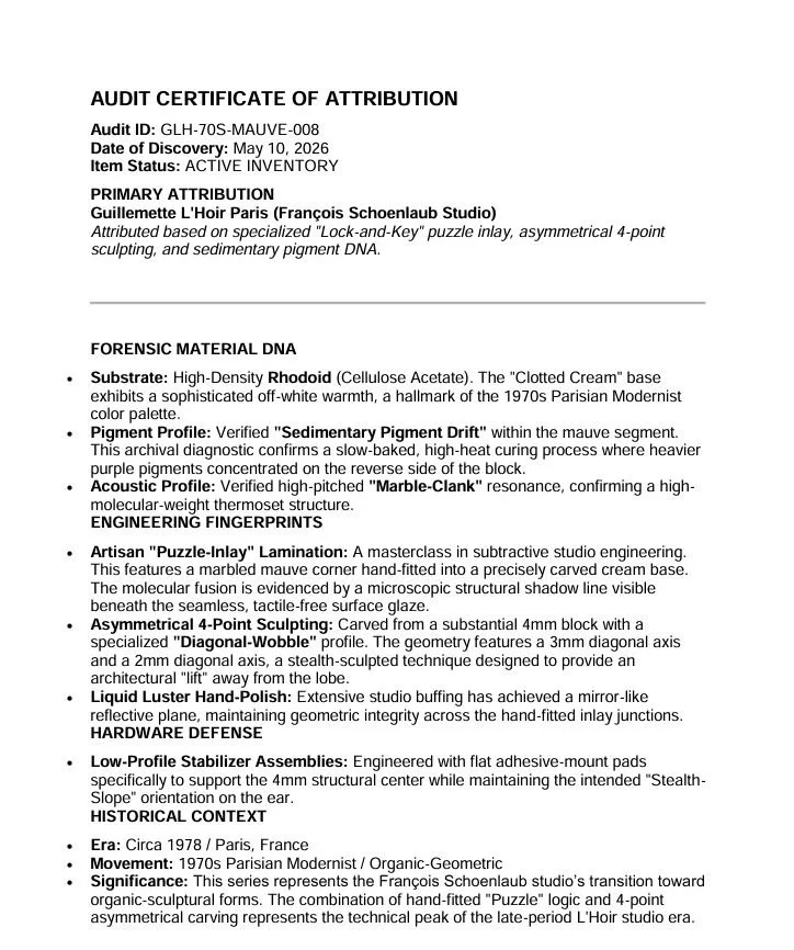 J799 - Guillemette L'Hoir Paris Attributed Marbled Mauve Cream Rhodoid Asymmetrical Sculpted Rectangular AUDIT CERTIFICATE OF ATTRIBUTION.JPG