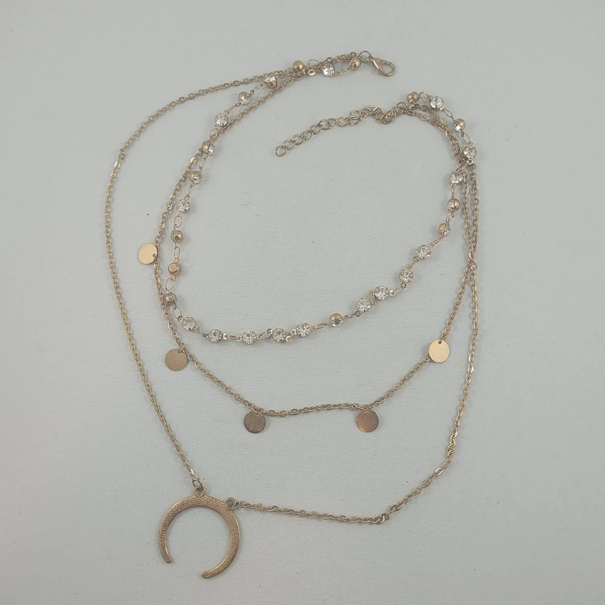 Triple Strand Gold Rolo Chain Prong Set Clear Chaton Crystal Rhinestone Medallion Fringe Crescent Moon Fixed Pendant Princess Necklace -1.jpg