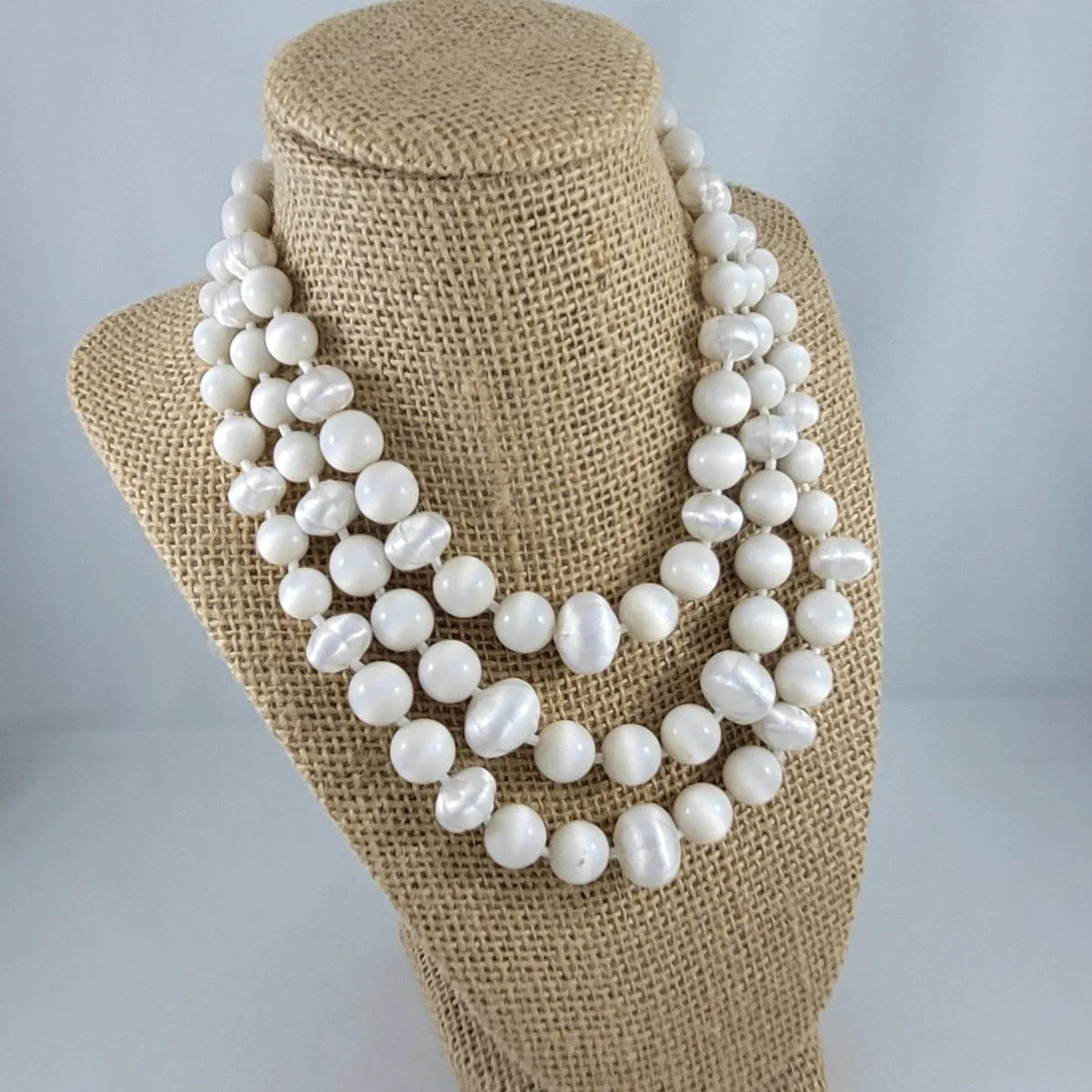 1950's Triple Strand White Moonglow Thermoset Acrylic Lucite Glass Spacer Graduated Bead Adjustable Choker Necklace -1.jpg