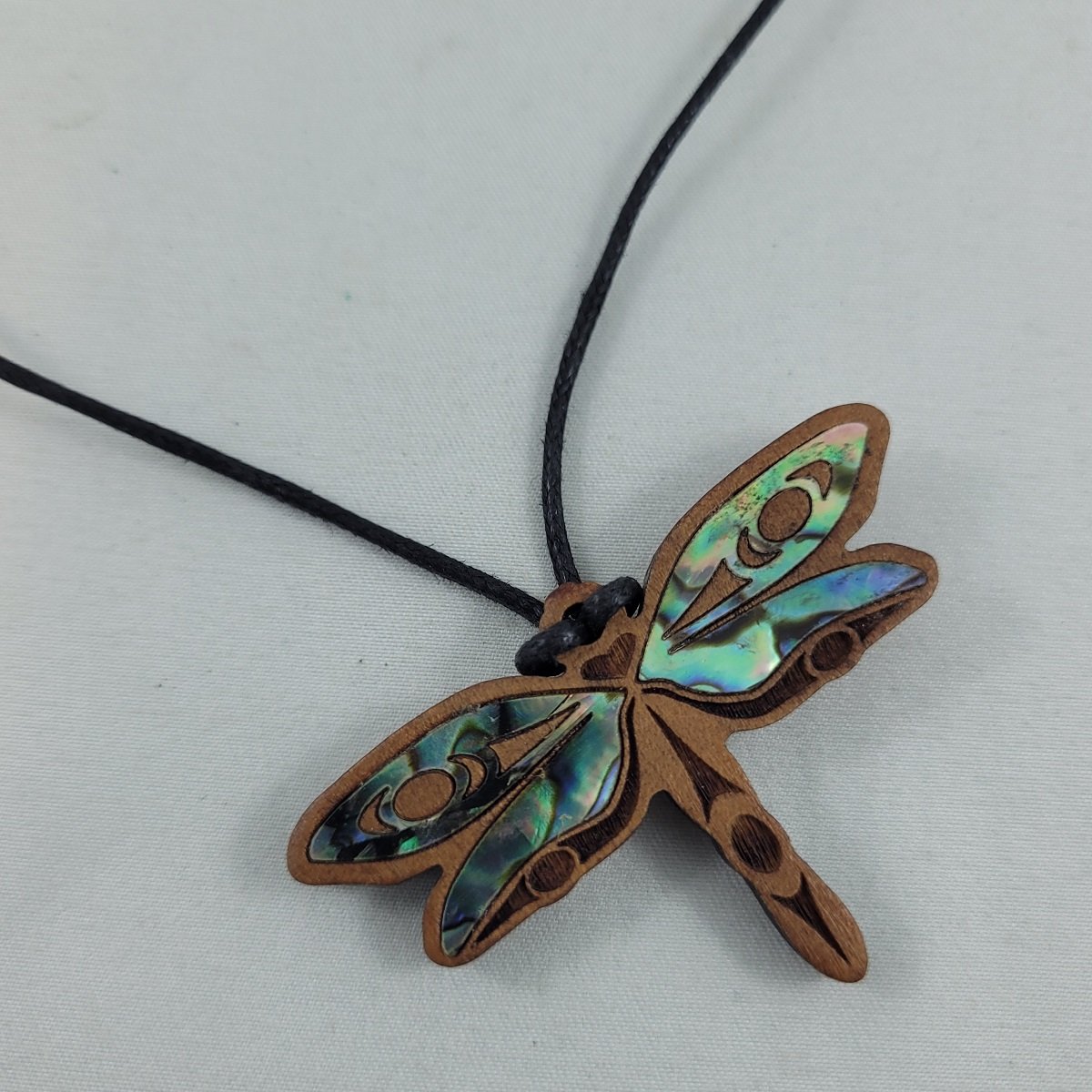 First Nations Cherry Wood Dragonfly Pendant with Abalone Philosopher by Shain Jackson Adjustable Leather Cord Necklace