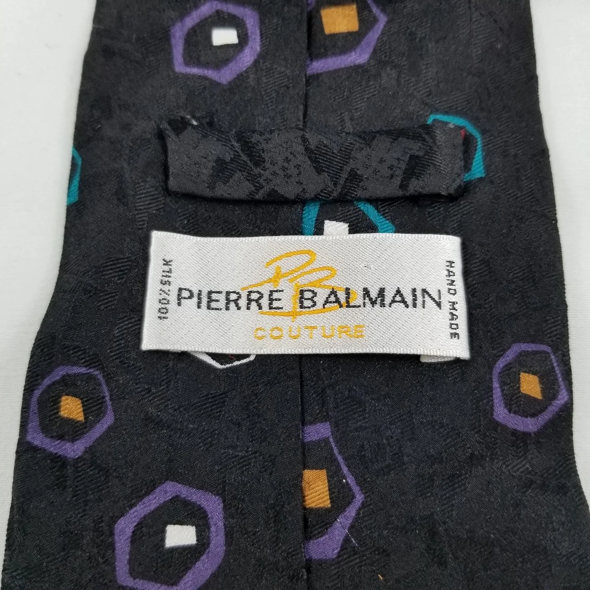Pierre Balmain Couture Hand Made 100% Silk Black Necktie with 1980's Floating Hexagons Squares Pattern -3.jpg (Copy)