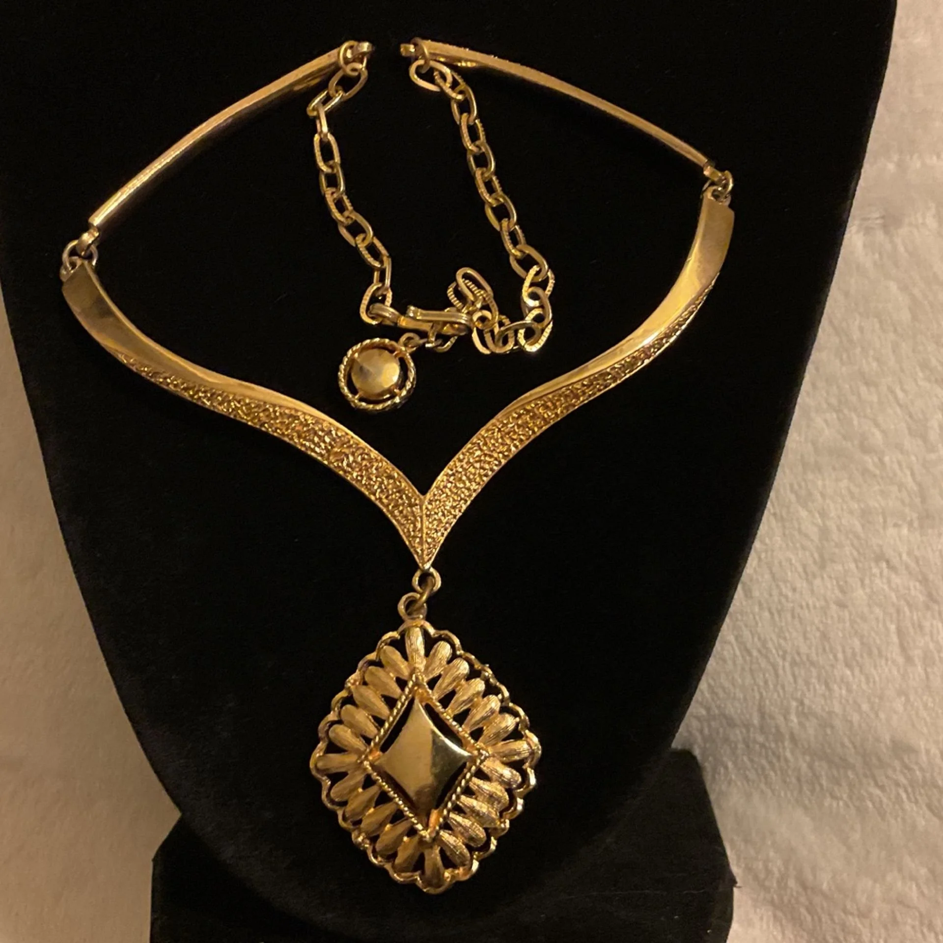 Napier Multi Textured Gold Plated Geometric V Panel Diamond Pendant Collar Choker Necklace -6.jpg
