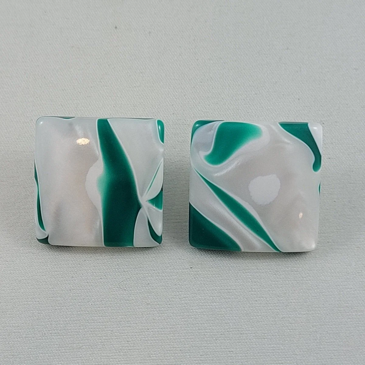 François Schoenlaub Guillemette L'Hoir Paris Postmodern Memphis Geometric Marbled Pearlized Milky White Infused Emerald Green Swirl Rhodoid Square Pierced Earrings